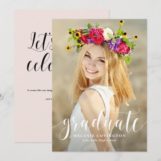 White Modern Calligraphy Photo Graduation Invitation (Front/Back)