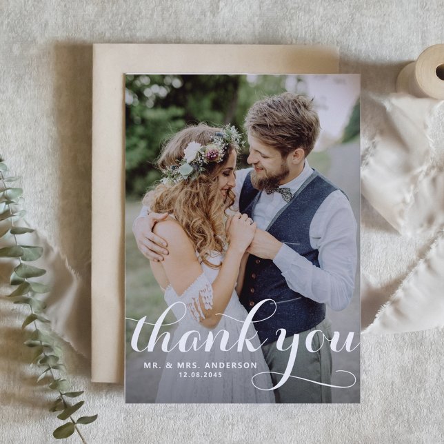 White Modern Calligraphy Photo Wedding Thank You Card (Creator Uploaded)