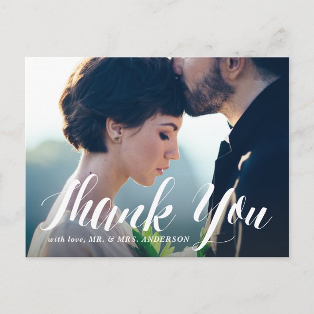 White Modern Calligraphy Photo Wedding Thank You Postcard (Front)