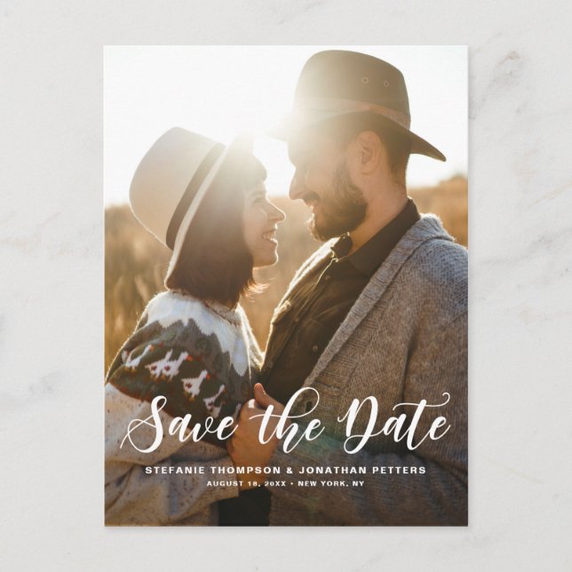 White Modern Classic Calligraphy Save the Date Announcement Postcard (Front)
