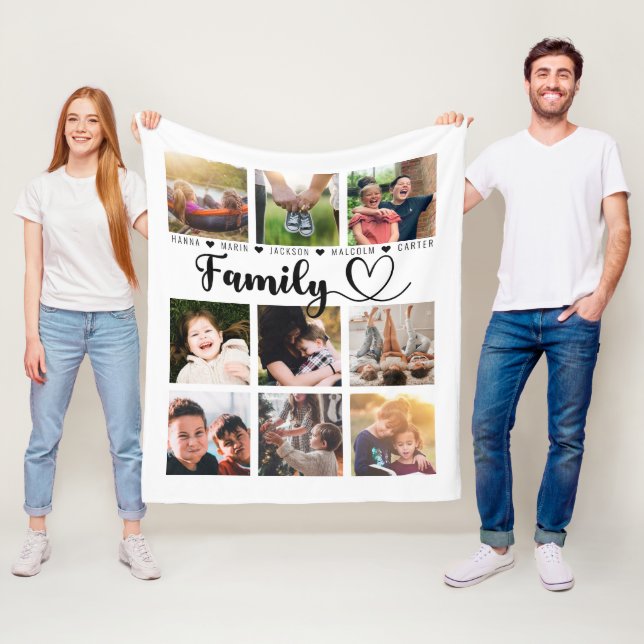 White Modern Family Memories Nine Photo Collage Fleece Blanket (In Situ)