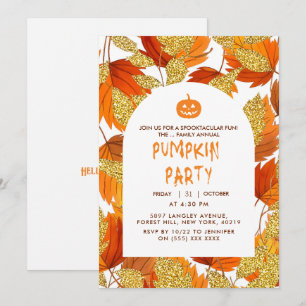 White Modern Faux Glitter Leaves Halloween Invitation