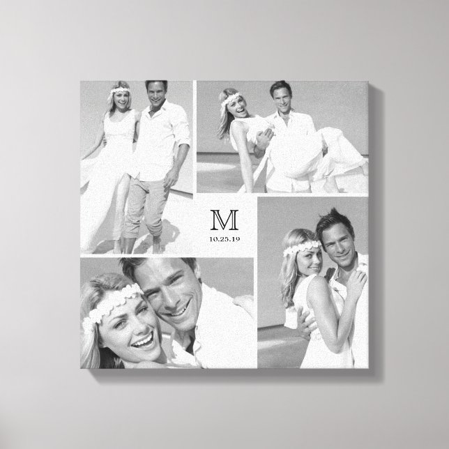 White Modern Grid Monogram Wedding 4 Photo Collage Canvas Print (Front)