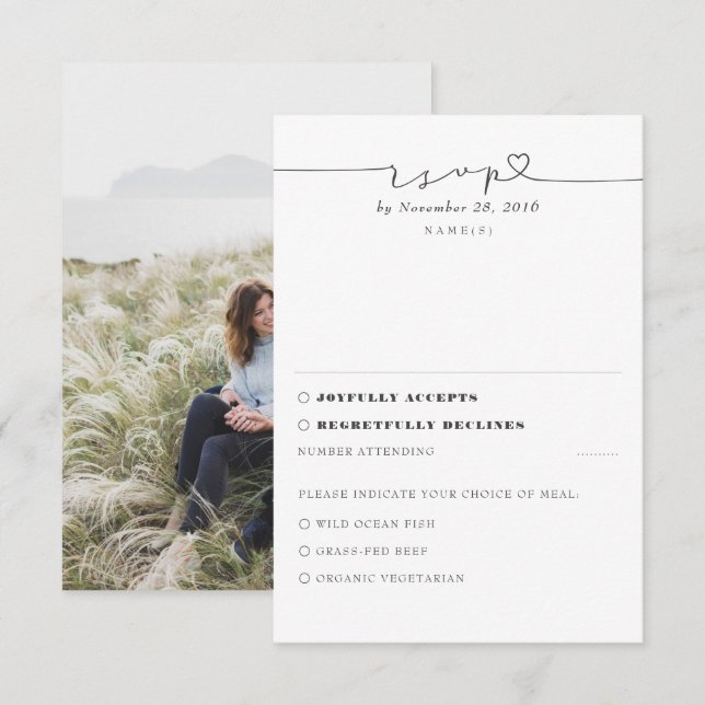 White Modern Minimal Wedding RSVP Photo Card (Front/Back)