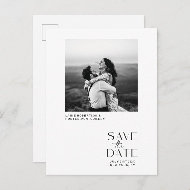 White Modern Minimalist Photo Save the Date Announcement Postcard (Front/Back)