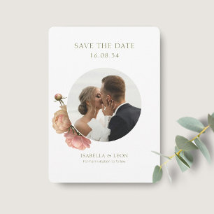 White   Modern Olive Green Rose Save the Date Invitation