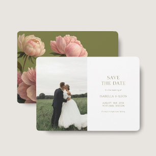 White Modern Olive Green Rose Save the Date Invitation