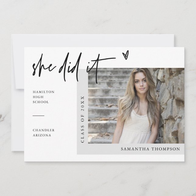 White Modern Photo She Did It Grad Invite (Front)