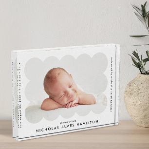 White Modern Scalloped Birth Announcement Photo Block