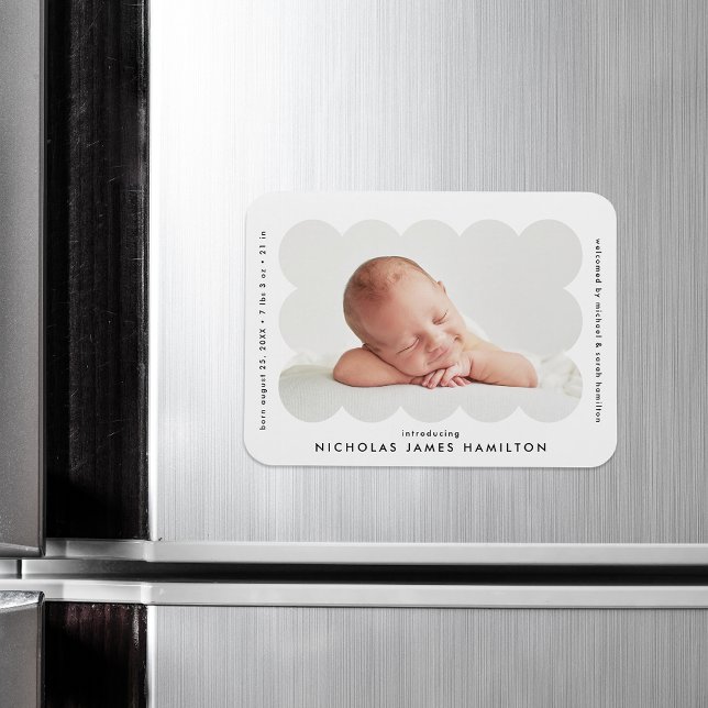 White Modern Scalloped Frame Birth Announcement Magnet (Creator Uploaded)