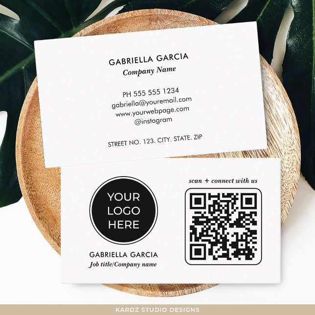White Modern Scannable Logo Business Card (Add your logo, QR Code, and business information. )