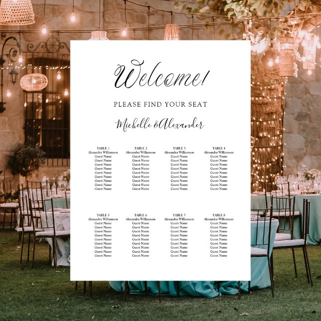 White modern script 8 tables wedding seating chart (Creator Uploaded)