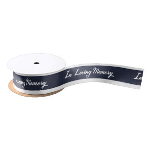 White Modern Script In Loving Memory Navy Blue Satin Ribbon