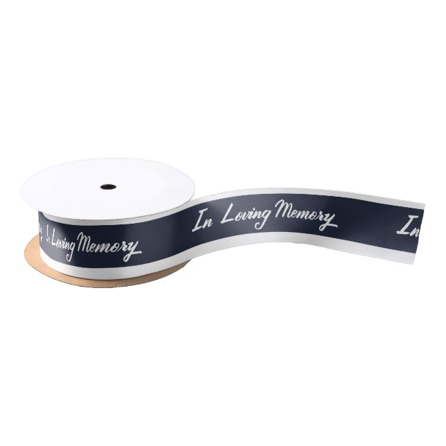 White Modern Script In Loving Memory Navy Blue Satin Ribbon (Spool)