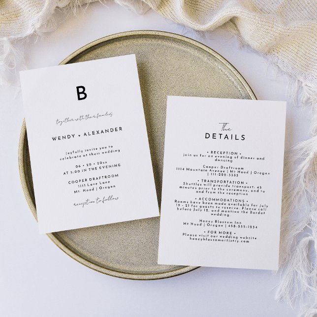 White Modern Script Monogram Wedding Details and Invitation (Creator Uploaded)