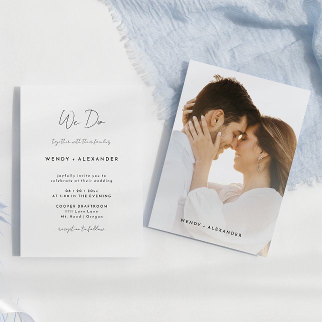 White Modern Script We Do Photo Wedding Invitation (Creator Uploaded)