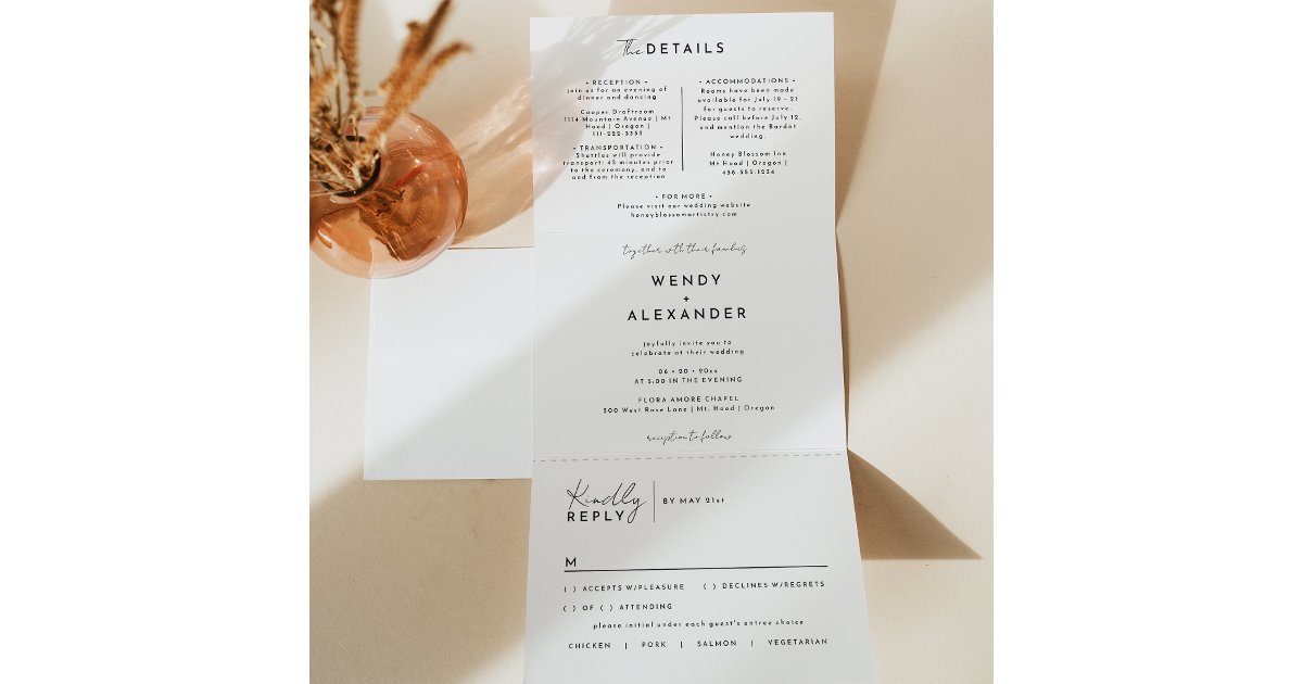 White Modern Script Wedding All in One Tri-Fold Invitation | Zazzle