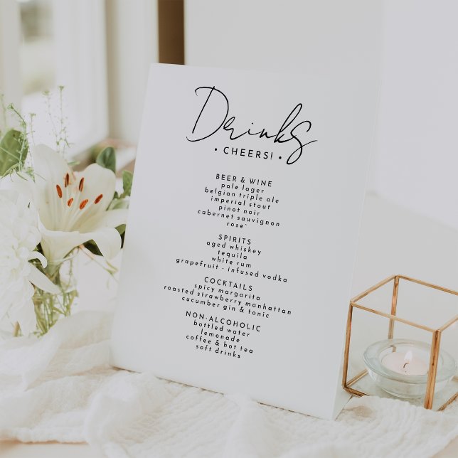 White Modern Script Wedding Drinks Menu Pedestal Sign (Creator Uploaded)