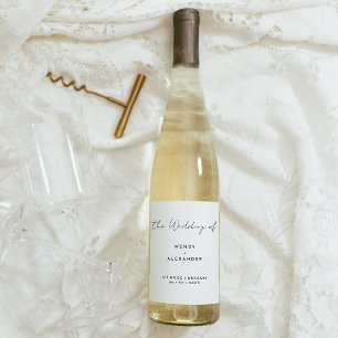 White Modern Script Wedding Wine Label