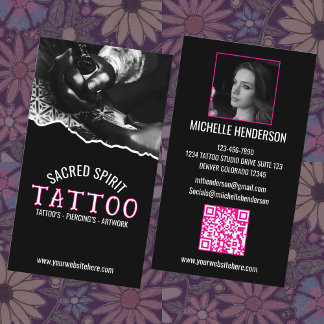 White Modern Text 2 Photo QR Code Tattooist Business Card