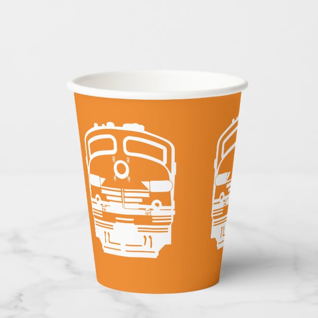 White Modern Train Engine on Orange Background Paper Cups (Front)