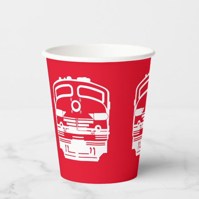 White Modern Train Engine on Red Background Paper Cups (Front)