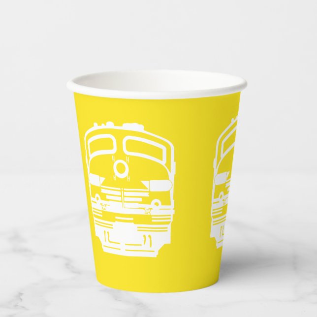 White Modern Train Engine on Yellow Background Paper Cups (Front)