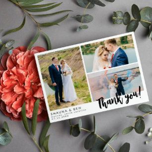 White Modern Wedding 3 Photo Collage Thank You