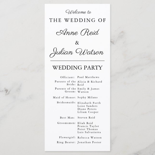 White Modern  Wedding Timeline and Party QR Code Programme (Front)