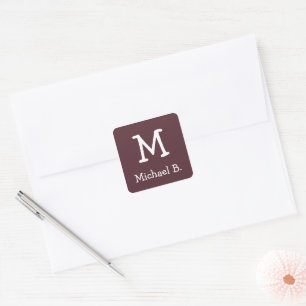 White Monogram and Name on Dusty Burgundy Square Sticker