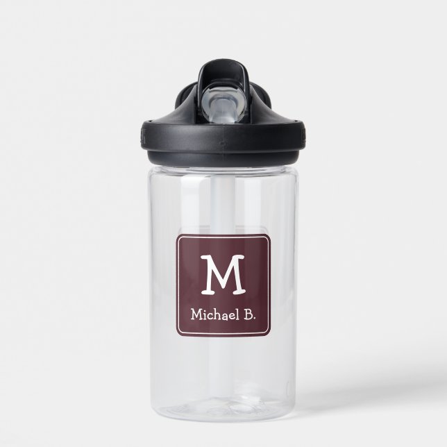 White Monogram and Name on Dusty Burgundy Water Bottle (Front)