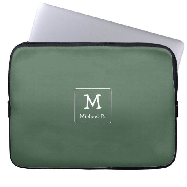 White Monogram and Name on Green Laptop Sleeve (Front)
