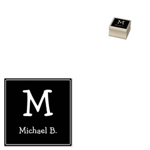 White Monogram and Name on Green Rounded Square Rubber Stamp