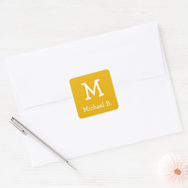 White Monogram and Name on Honey Mustard Yellow Square Sticker (Envelope)