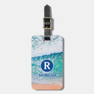 White Monogram & Blue Name, Beach Waves, Info Vs 3 Luggage Tag