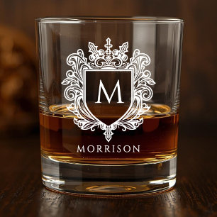 White Monogram Crest Printed Whiskey Glass