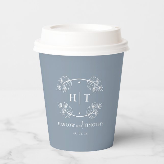White monogram Dusty Blue Wedding Paper cups (Front)