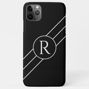 White Monogram in Circle, Diagonal Lines Black iPhone 11 Pro Max Case