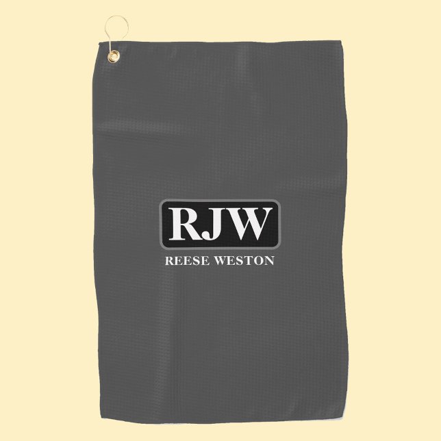 White Monogram Inside Grey Border, Name, Dark Grey Golf Towel (Creator Uploaded)