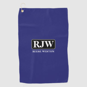 White Monogram Inside Grey Border, Name, Deep Blue Golf Towel