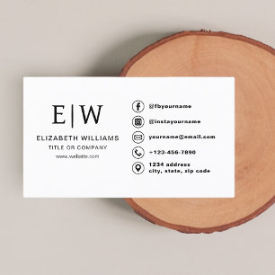 White Monogram Minimalist Social Media Icons Business Card