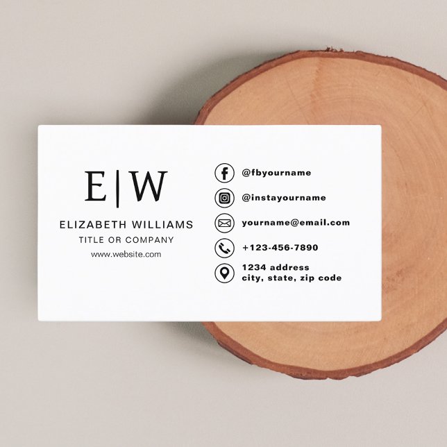 White Monogram Minimalist Social Media Icons Business Card (Creator Uploaded)