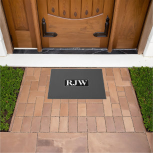 White Monogram Name Inside Grey Border, Dark Grey Doormat