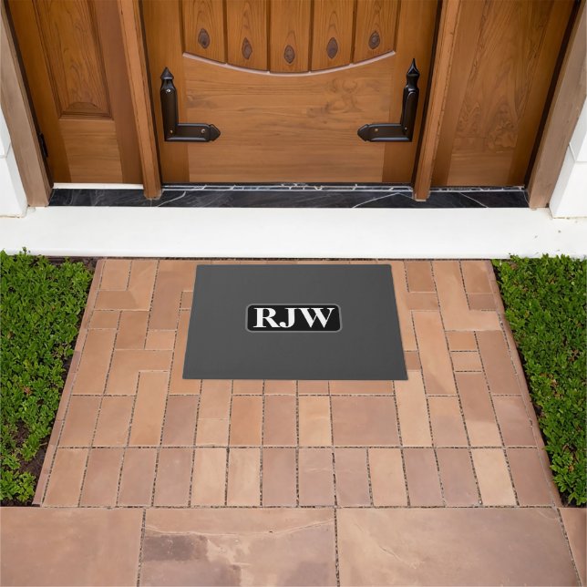 White Monogram Name Inside Grey Border, Dark Grey Doormat (Outdoor)