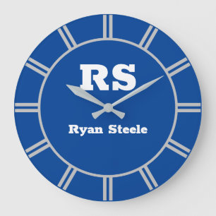 White Monogram & Name, Lt. Grey Lines, Deep Blue Large Clock