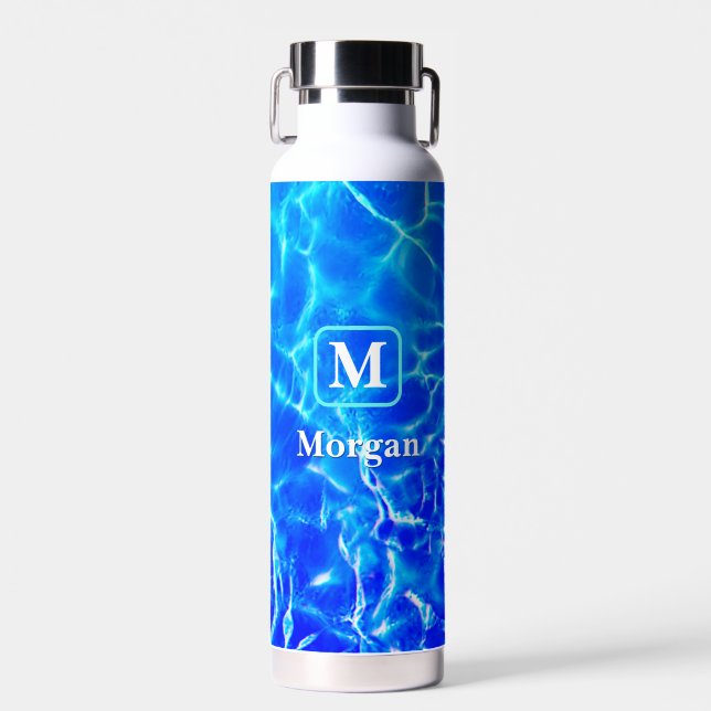 White Monogram & Name, Teal Frame, Blue Pool Water Water Bottle (Front)