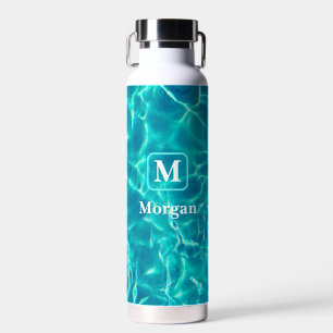 White Monogram & Name, Teal Frame, Pool Water Bottle