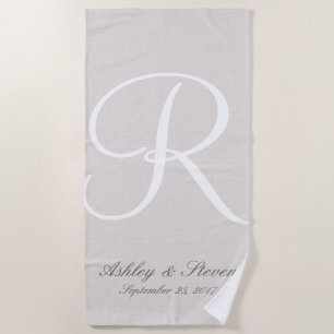 White Monogram Rustic Linen Look Beach Towel
