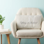 White Monogram Rustic Look Linen Wedding Lumbar Cushion<br><div class="desc">Personalised wedding gift for newlyweds.Rustic printed linen look and white monogram initial pillow with bride and groom names and wedding date in a script font overlay design on a PRINTED light beige linen photo effect background. Elke Clarke© for MonogramGallery at Zazzle. Makes a great gift for newly weds. Great trendy,...</div>