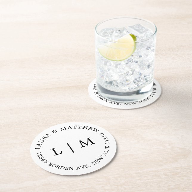 White Monogram Wedding Round Paper Coaster (Insitu)